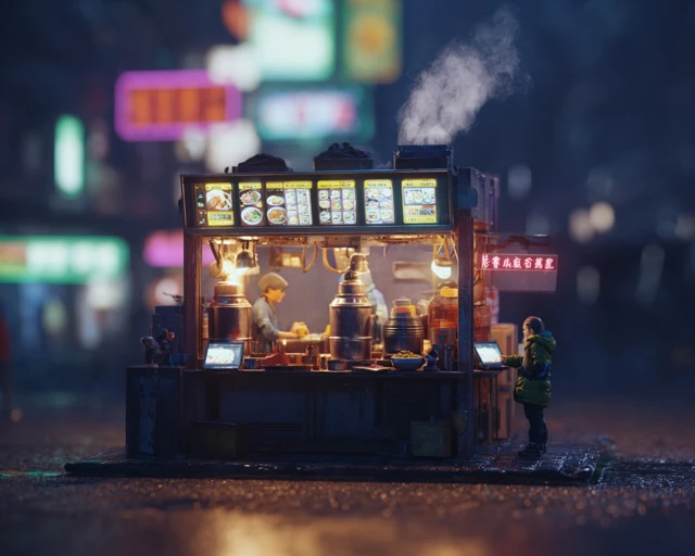 Cyberpunk Noodle Stall Neon City Lights