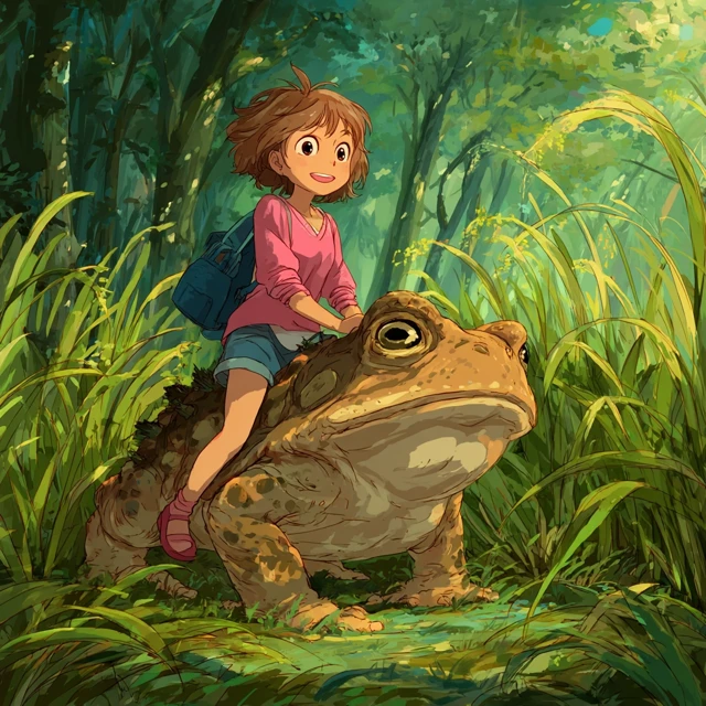 Girl Riding Toad Forest Miyazaki Ghibli Style