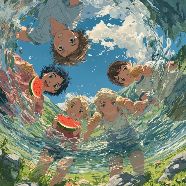 Childrens Summer Fun Eating Watermelon Anime Style