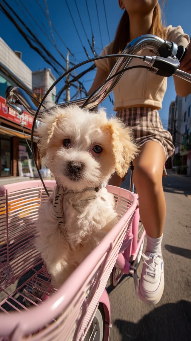 Maltipoo Puppy on a Pink Bicycle Ride in Korea