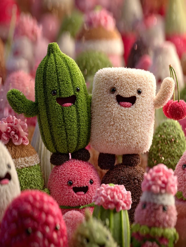 Cute Plush Fruit Toys Fantasy Scene 3D Rendering