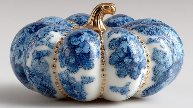 Porcelain Pumpkin Blue Chinese Motif Studio Photography