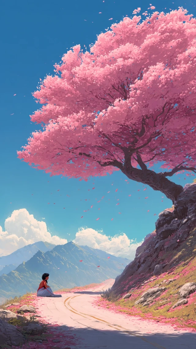 Anime Mountain Road: Cherry Blossoms, Woman, and Sunshine