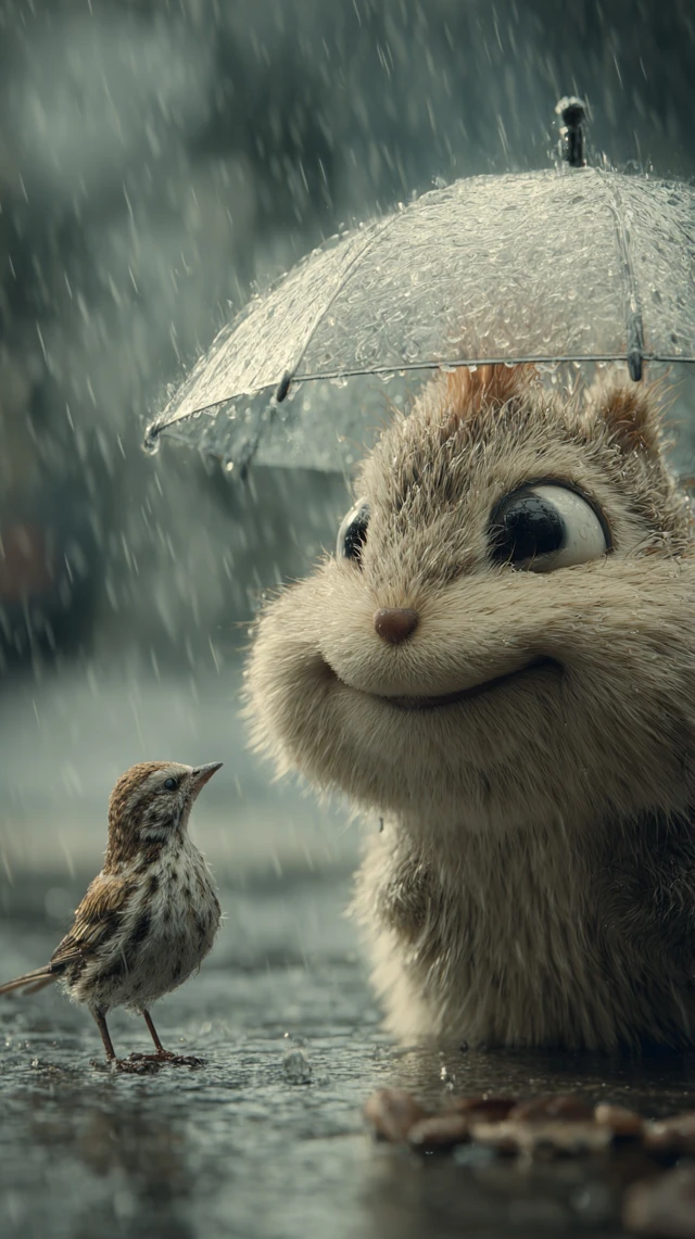 Sparrow and Squirrel Under Umbrella Rainy Day