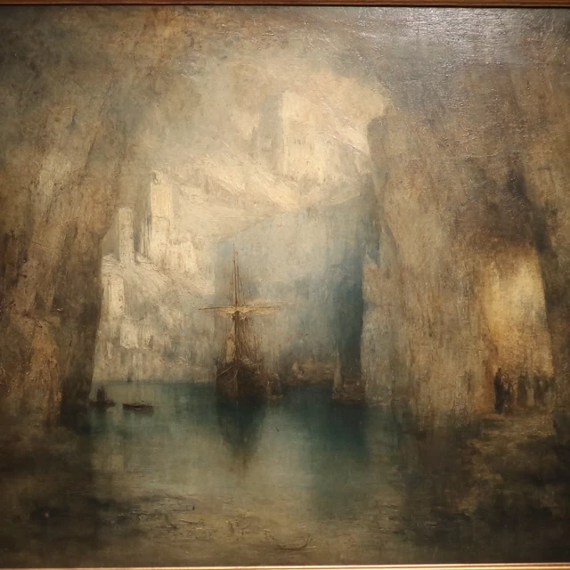 Harbour in a Cave Arnold Bocklin Style Oil Painting