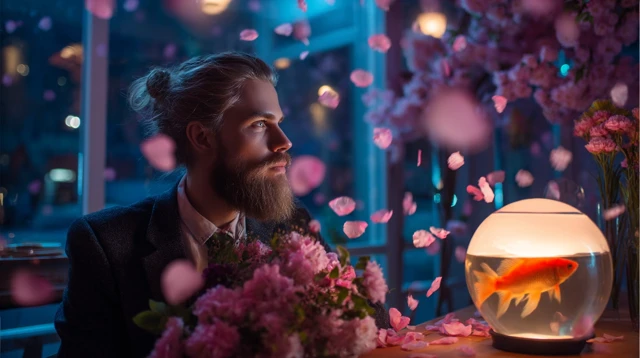 Romantic Man with Flowers in a Cafe Scene