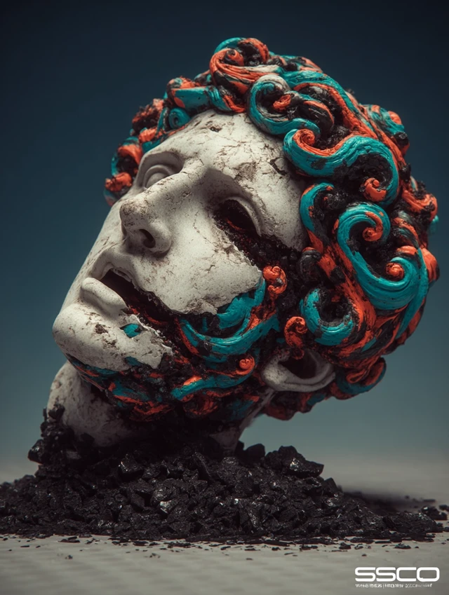 Surreal Cyborg Head Stone Sculpture Art