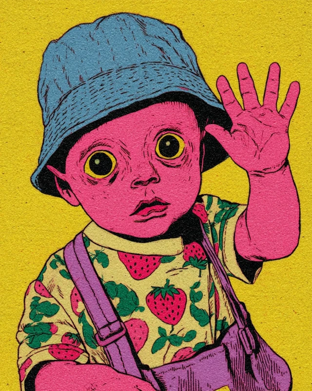 Cute Baby with Strawberry Shirt and Bucket Hat