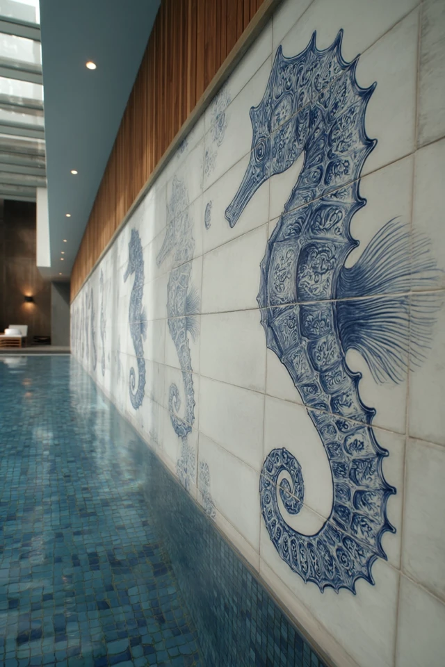 Luxury Pool Design Seahorse Tile Backsplash