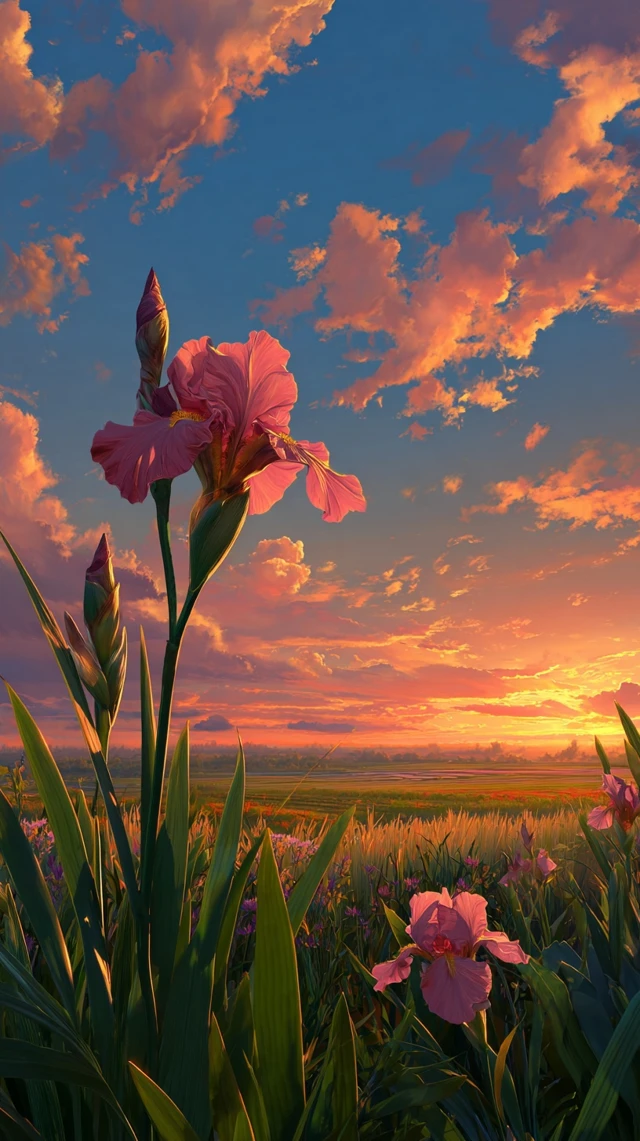 Sunset Iris Field Painting Nature Art
