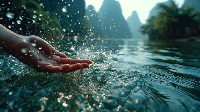 Hand Touching Water in Guilin China UHD 8k