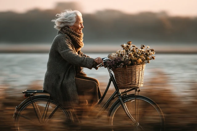 Retired Woman Biking Through Countryside Flowers