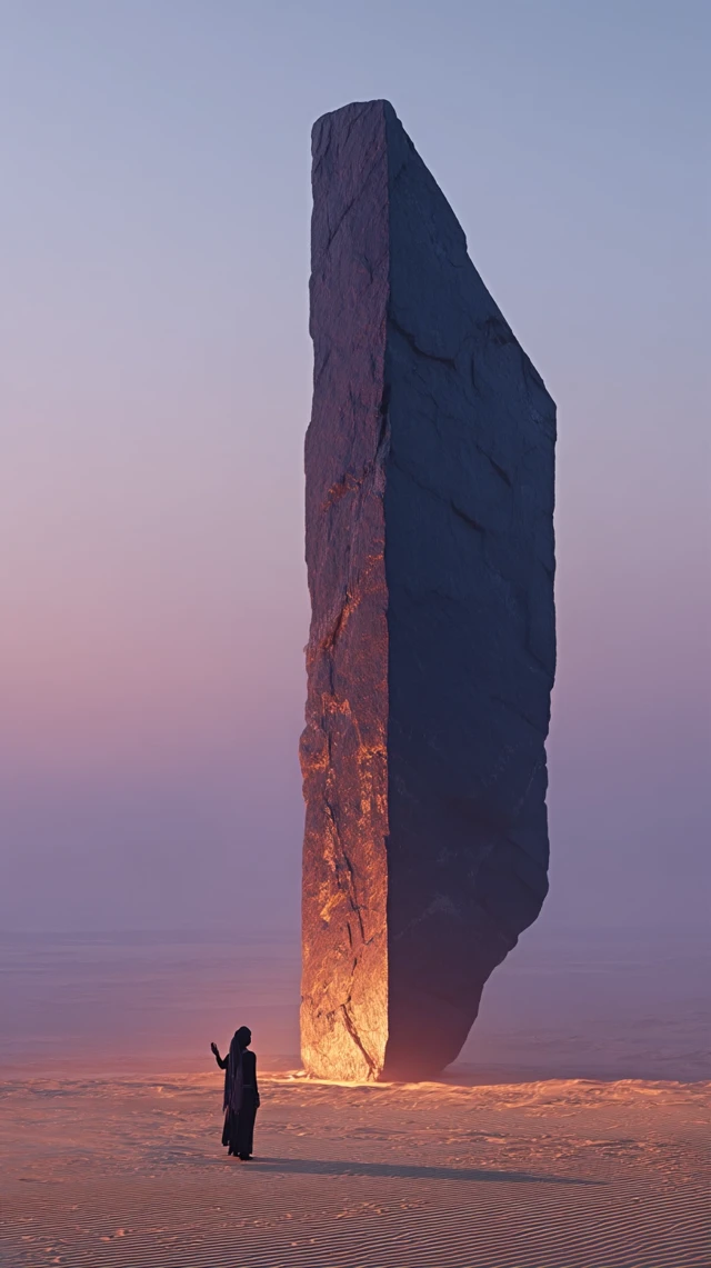 Mystical Monolith: Desert Scene with Ethereal Woman