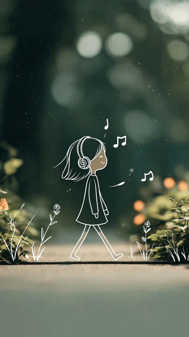 Girl Walking with Headphones Smiling and Listening to Music