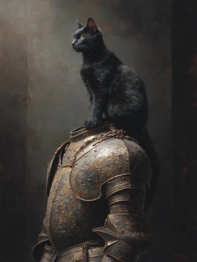 Black Cat Knight in Armor Gothic Painting