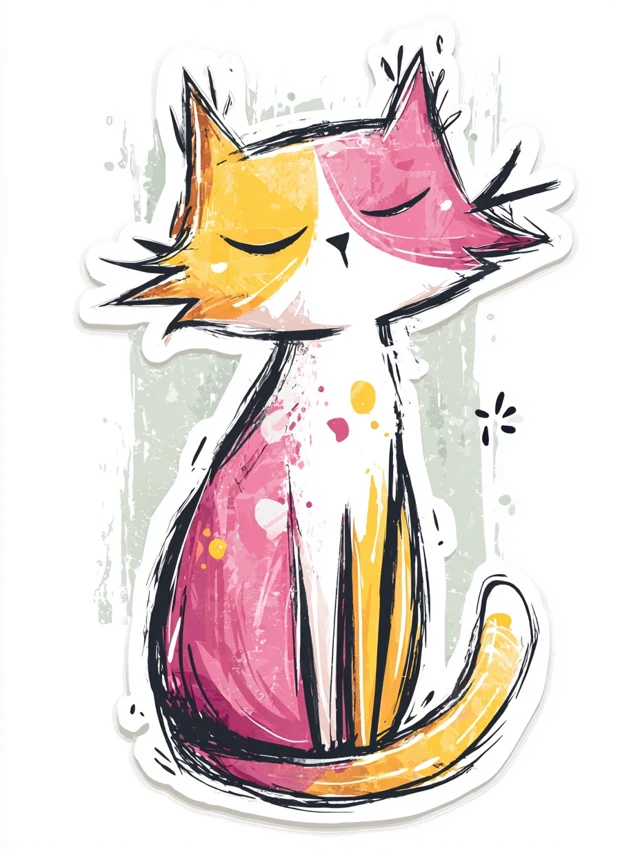Cute Cartoon Cat Sticker in Pink and Yellow Colors