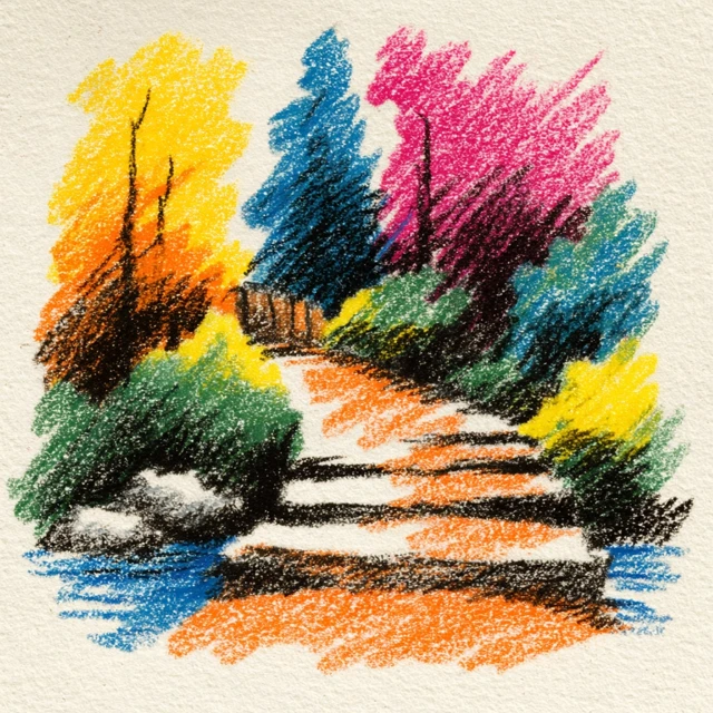 Naive Crayon Forest Scene with Stream and Bridge