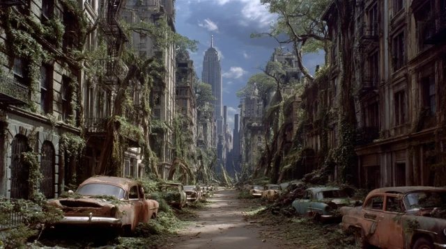 Abandoned City Overrun By Nature Retro Scene