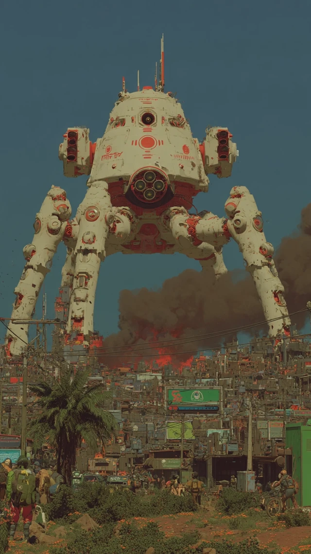 Martian Machine Over Burning City