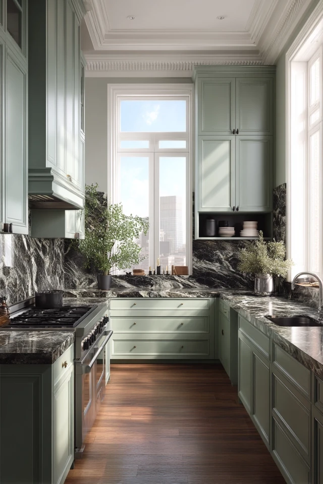Modern Industrial Kitchen Seafoam Green Marble