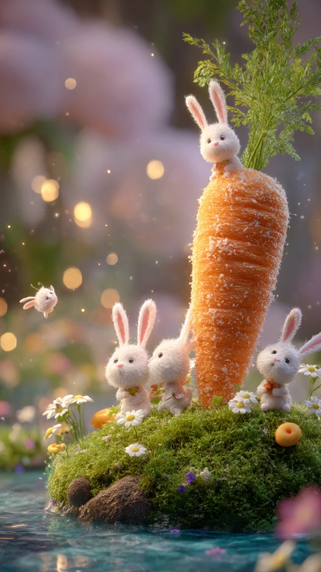 Giant Carrot with Bunnies in a Magical Pond