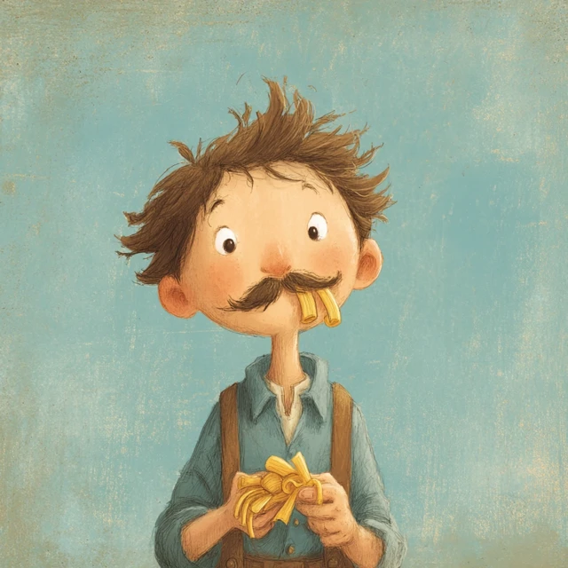 Boy with Pasta Mustache Childrens Book Illustration