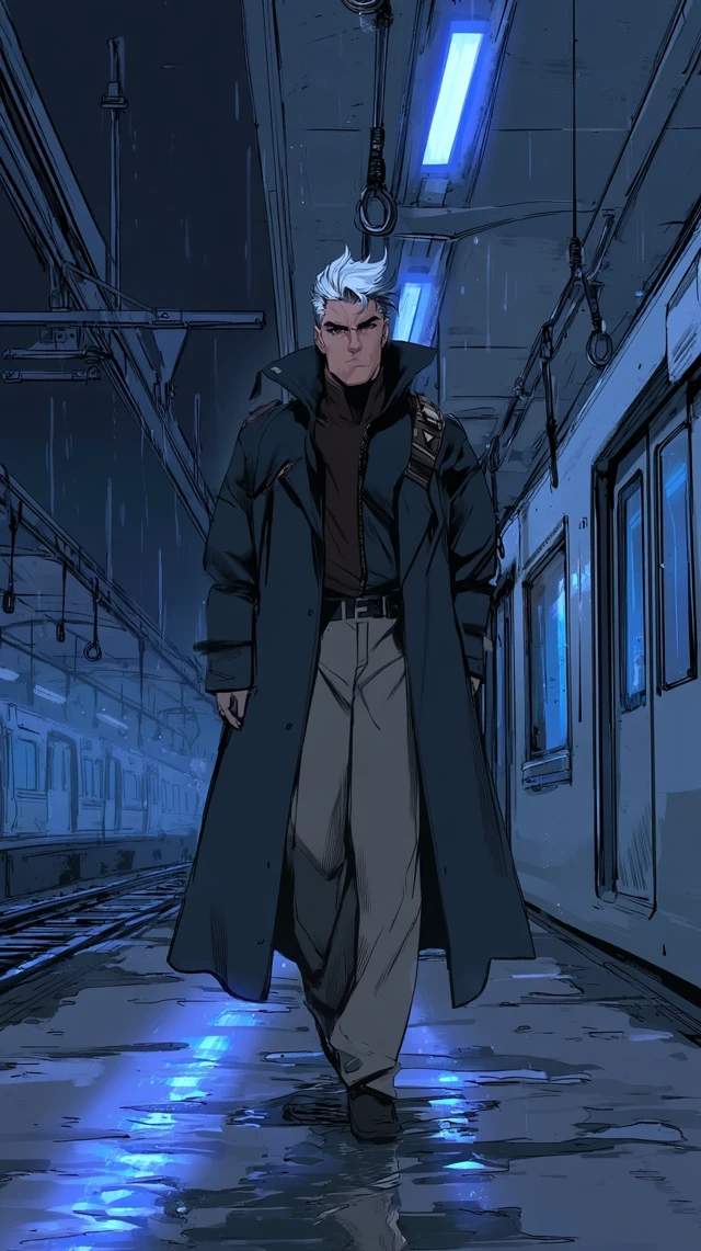 Anime Subway Scene Man in Raincoat