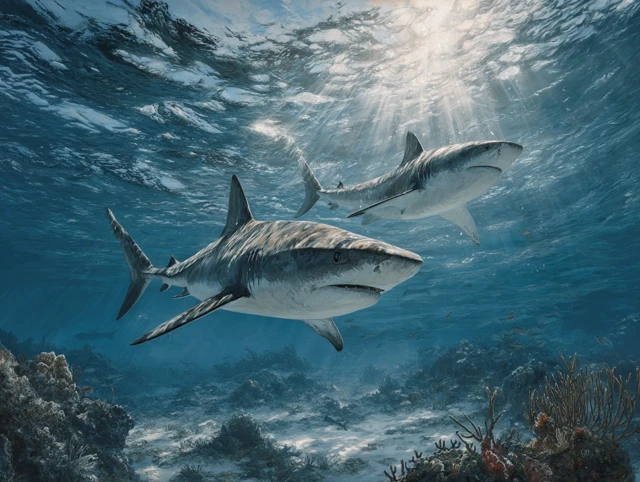 Realistic Shark Illustration in Ocean with Coral Reef