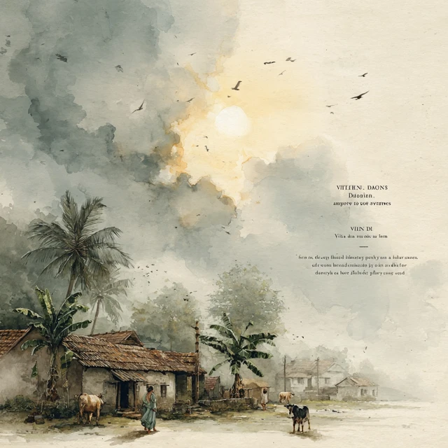 Indian Village Morning Watercolor Scene