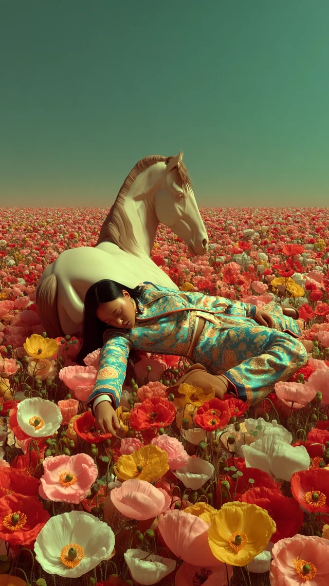 Surreal Dreamlike Photo of Woman and Horse in Poppy Field