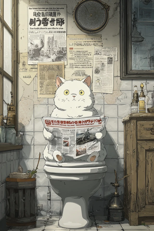 Anime Cat on Toilet Smoking and Reading