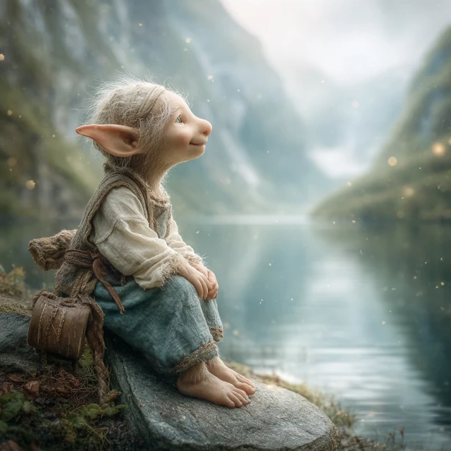 Whimsical Creature on a Rock Fjord Scenery