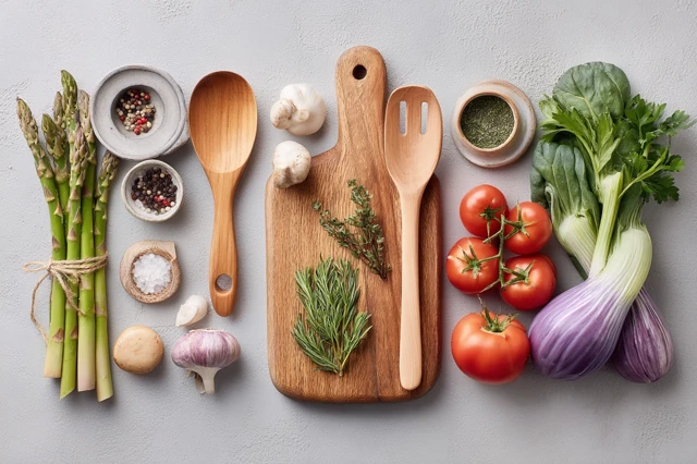 Fresh Vegetables and Cooking Tools Flat Lay