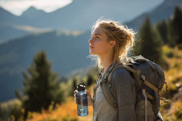 Woman Hiking Mountains with Water Bottle and Backpack