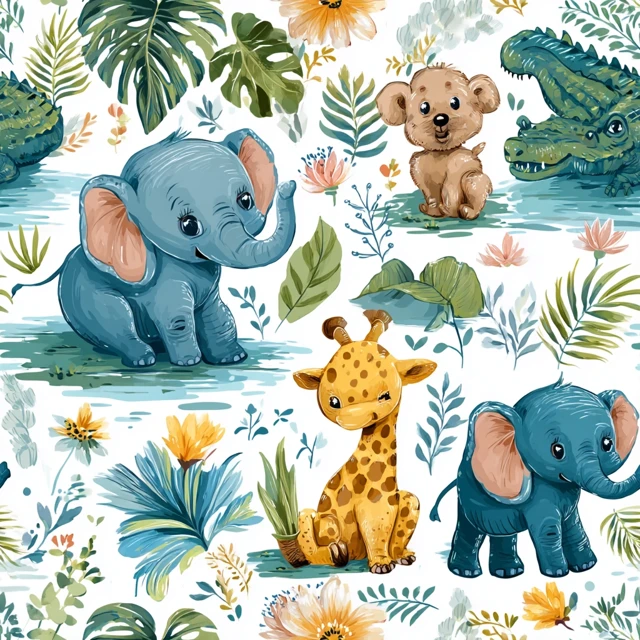 Cute Jungle Animals Seamless Pattern Wallpaper