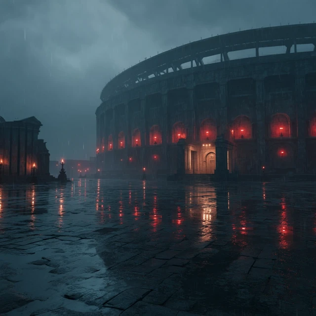 Rainy San Siro Stadium with Roman Architecture