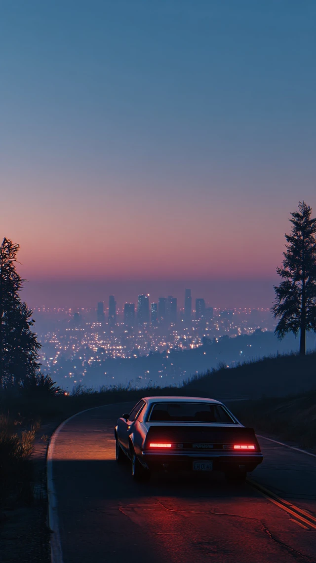 Vintage Muscle Car Drives Through LA at Dusk