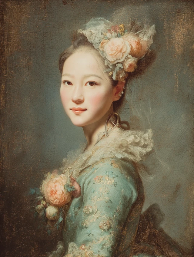 Rococo Painting of Asian Woman with Elegant Hair