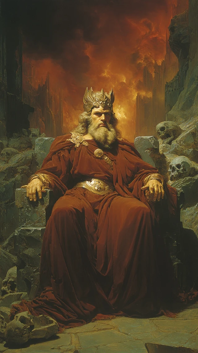 Bearded King on Stone Throne Dark Fantasy Art