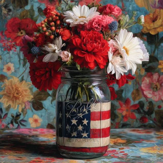 American Flag Mason Jar Flowers Painting