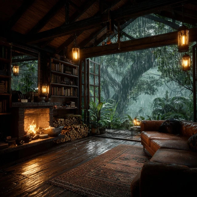 Cozy Cabin Interior Rainy Night Ambient Scene