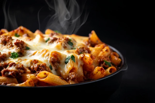 Delicious Pasta Bake CloseUp Black Background