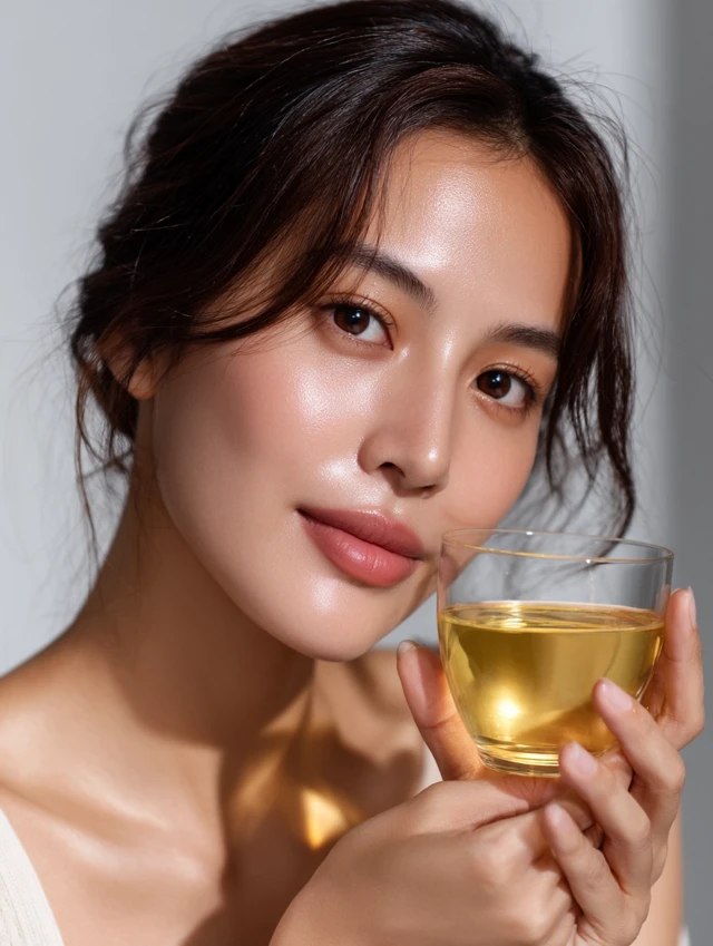 Elegant Asian Woman with Perfect Skin and Tea