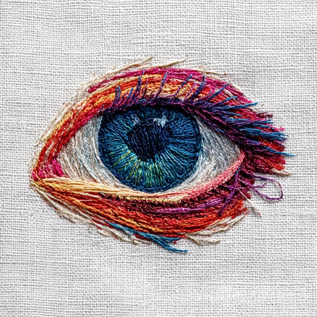 Embroidered Eyeball Colorful Thread Art on Linen
