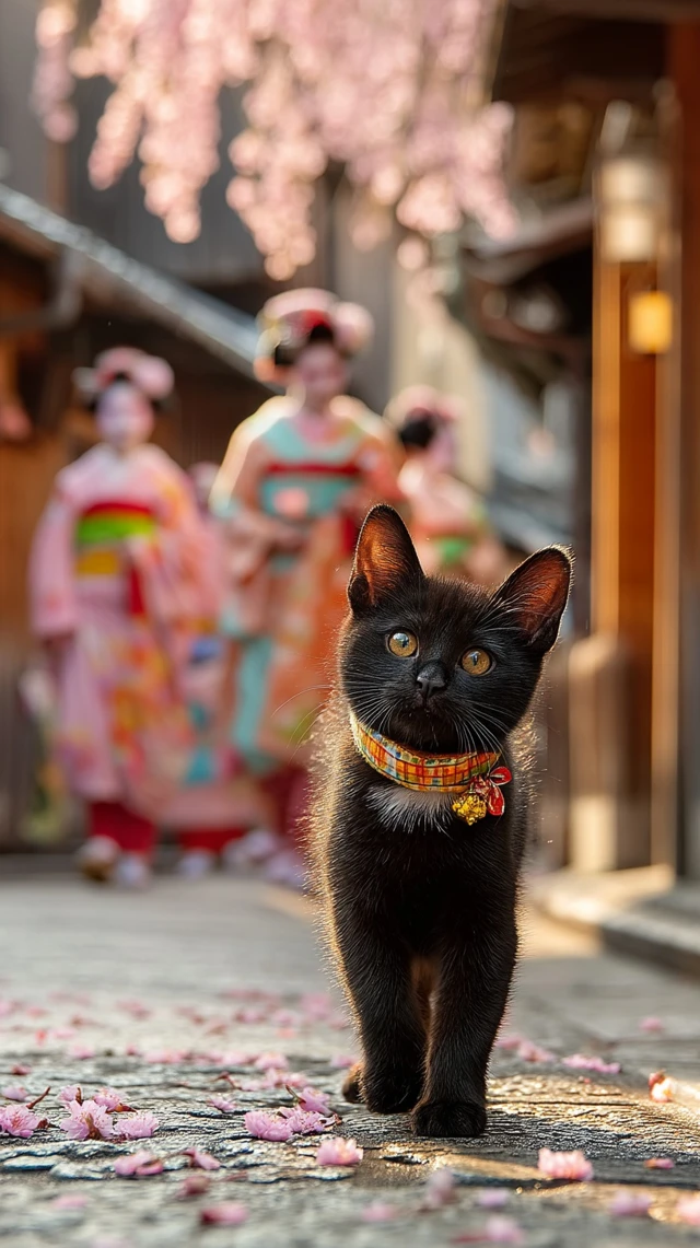 Cute Kitten in Kyoto Cherry Blossoms