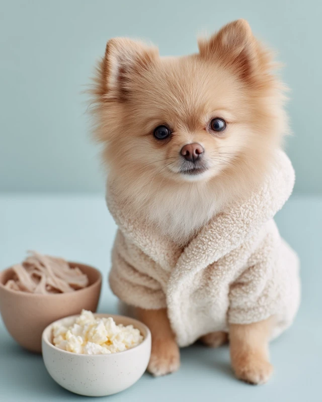 Fluffy Pomeranian in Robe with Food Bowls: Cute Stock Photo