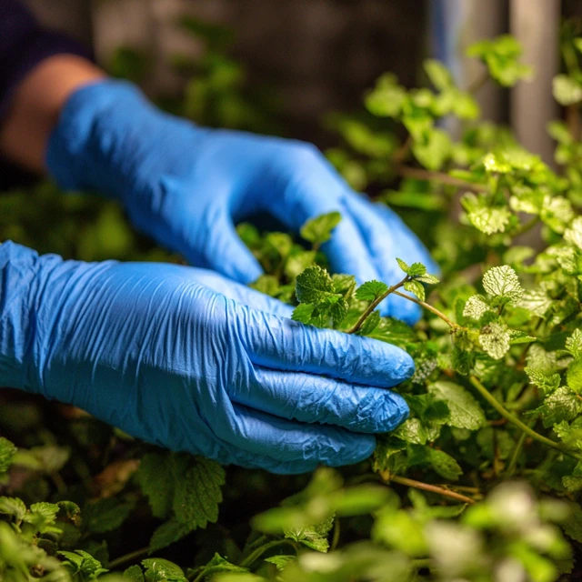 Gardening Hands in Blue Gloves Sunlight Greenery