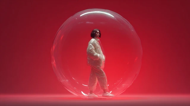 Woman Inside a Bubble Red Background Commercial