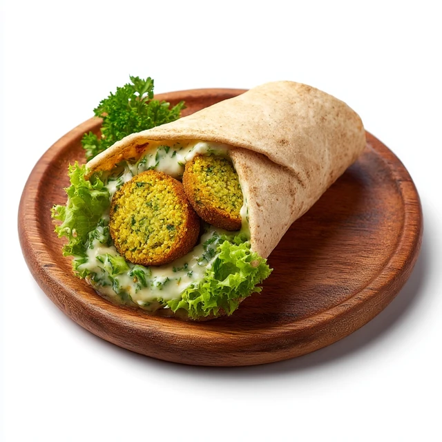 Falafel Wrap on Wooden Plate Delicious Food