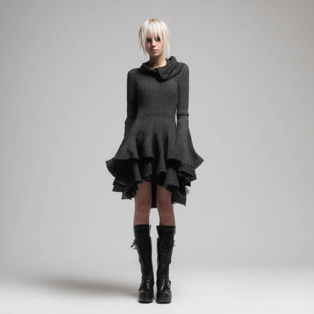Conceptual Knitted Dress Flared Long Sleeves Ragged Style